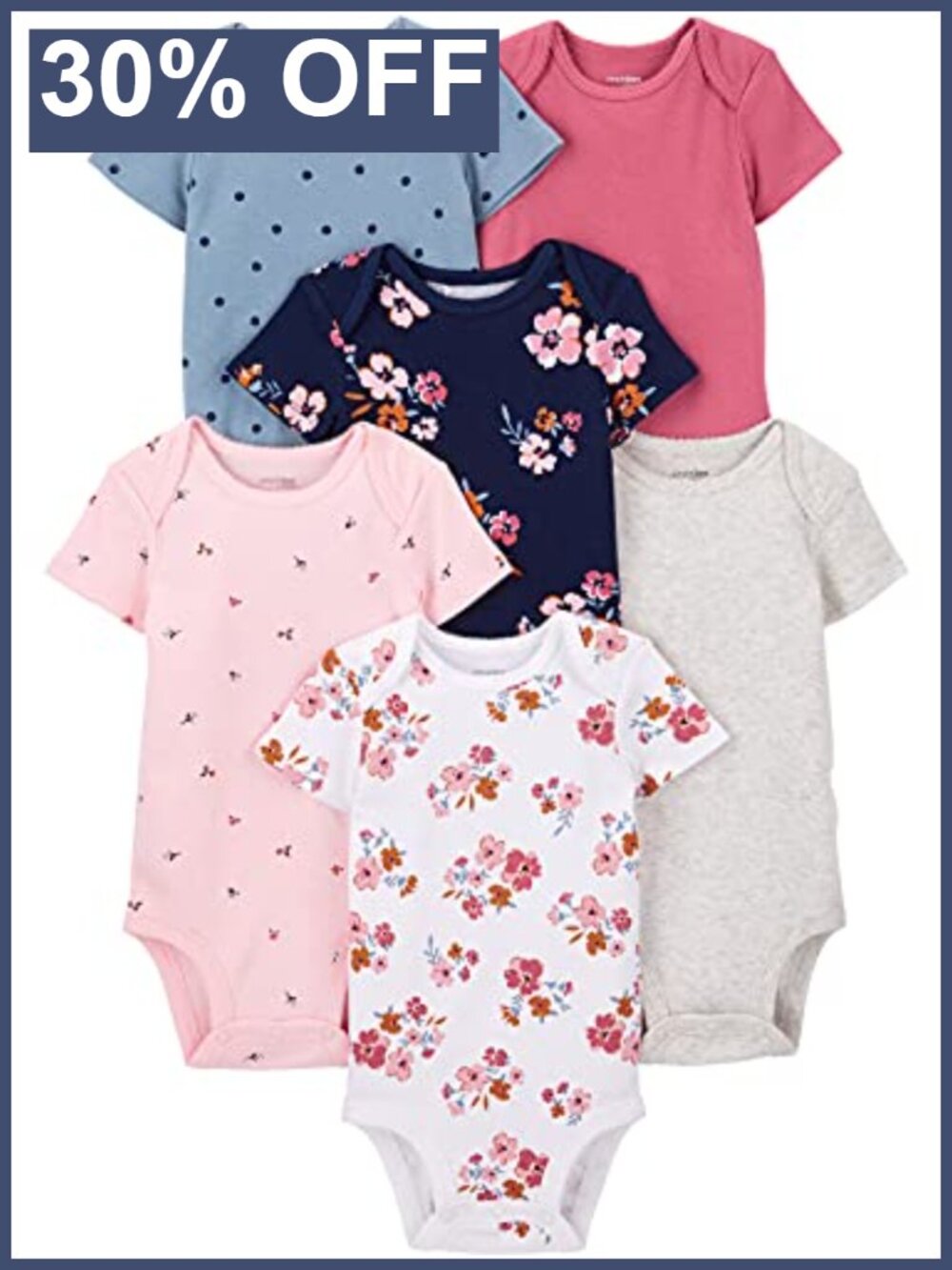 6 Pack Short Sleeve Baby Bodysuits Snap Closure Soft Cotton